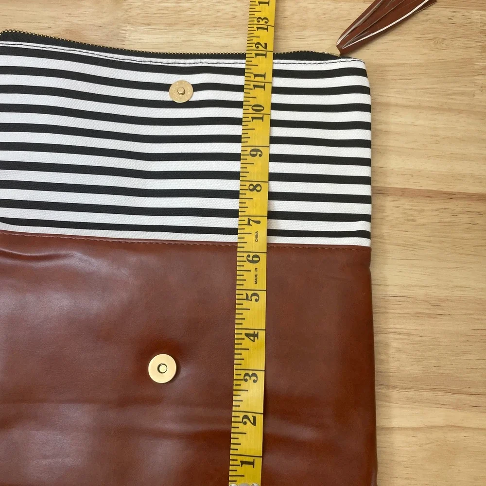 Funky Monkey Striped Canvas Brown Faux‎ Leather Foldover Clutch Tassel